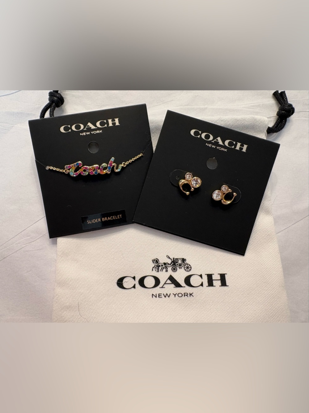 Coach Multicolor Crystal Logo Slider Bracelet with Gold-Tone Crystal Earrings
